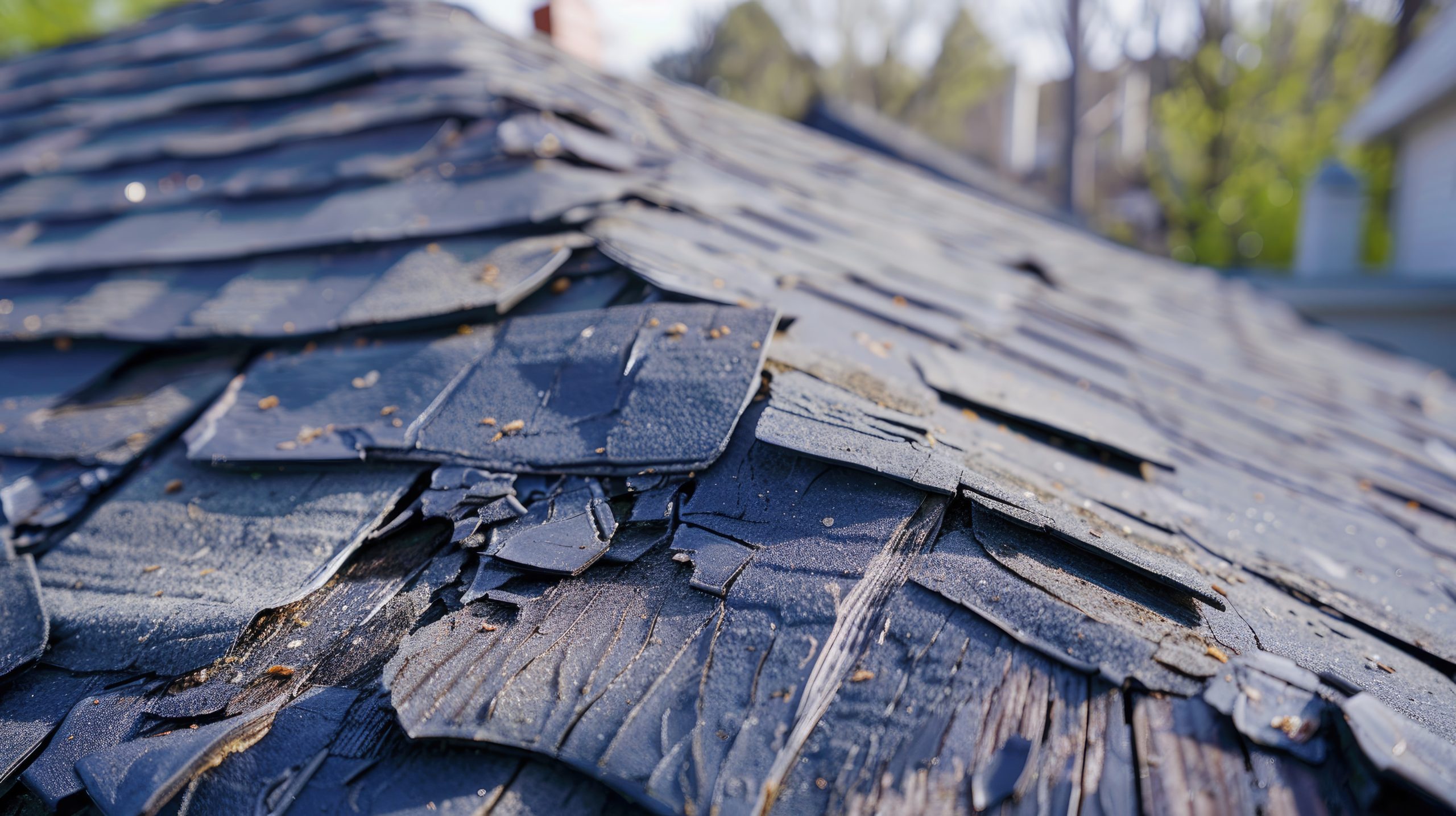 Close-up of a roof with worn and peeling black shingles. The shingles show significant degradation and are layered unevenly. The background is blurred, revealing hints of trees and buildings.