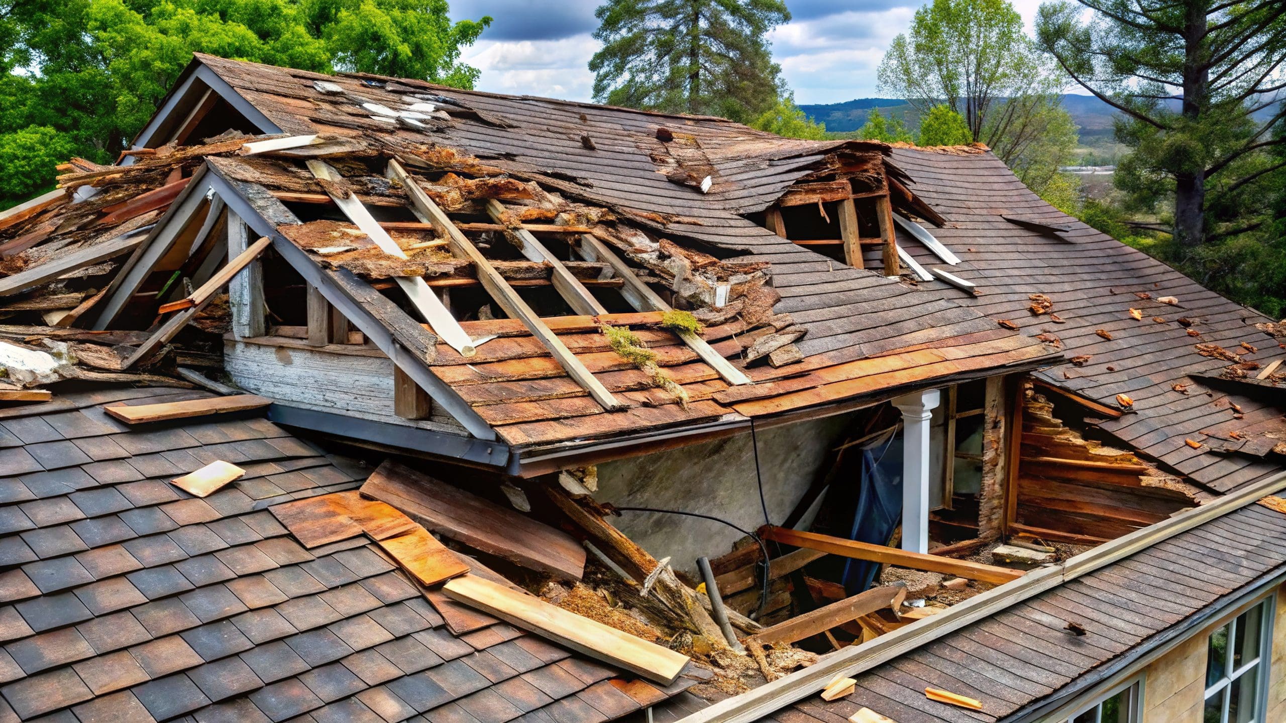 A damaged roof on a house with torn shingles and exposed wood beams, surrounded by green trees. The sky is partly cloudy, and the background features distant hills.