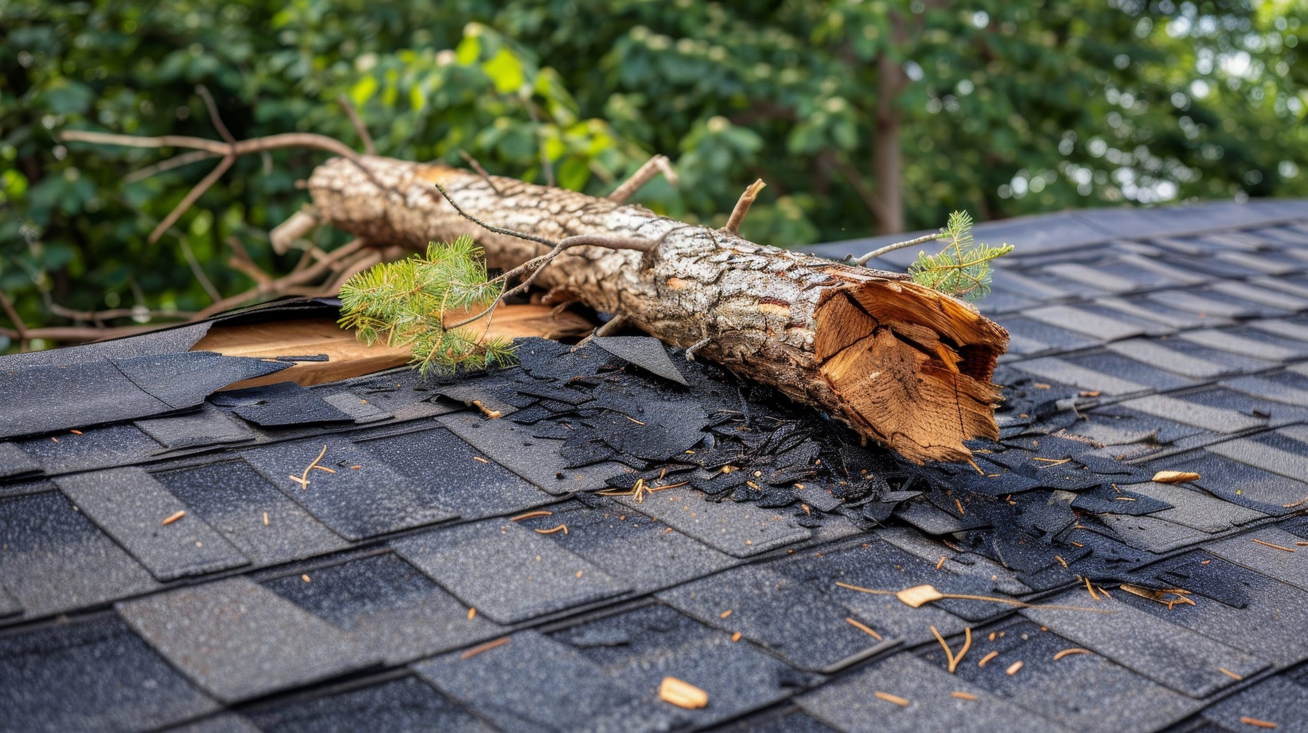 A fallen tree branch resting on a roof with damaged shingles, surrounded by green foliage in the background.